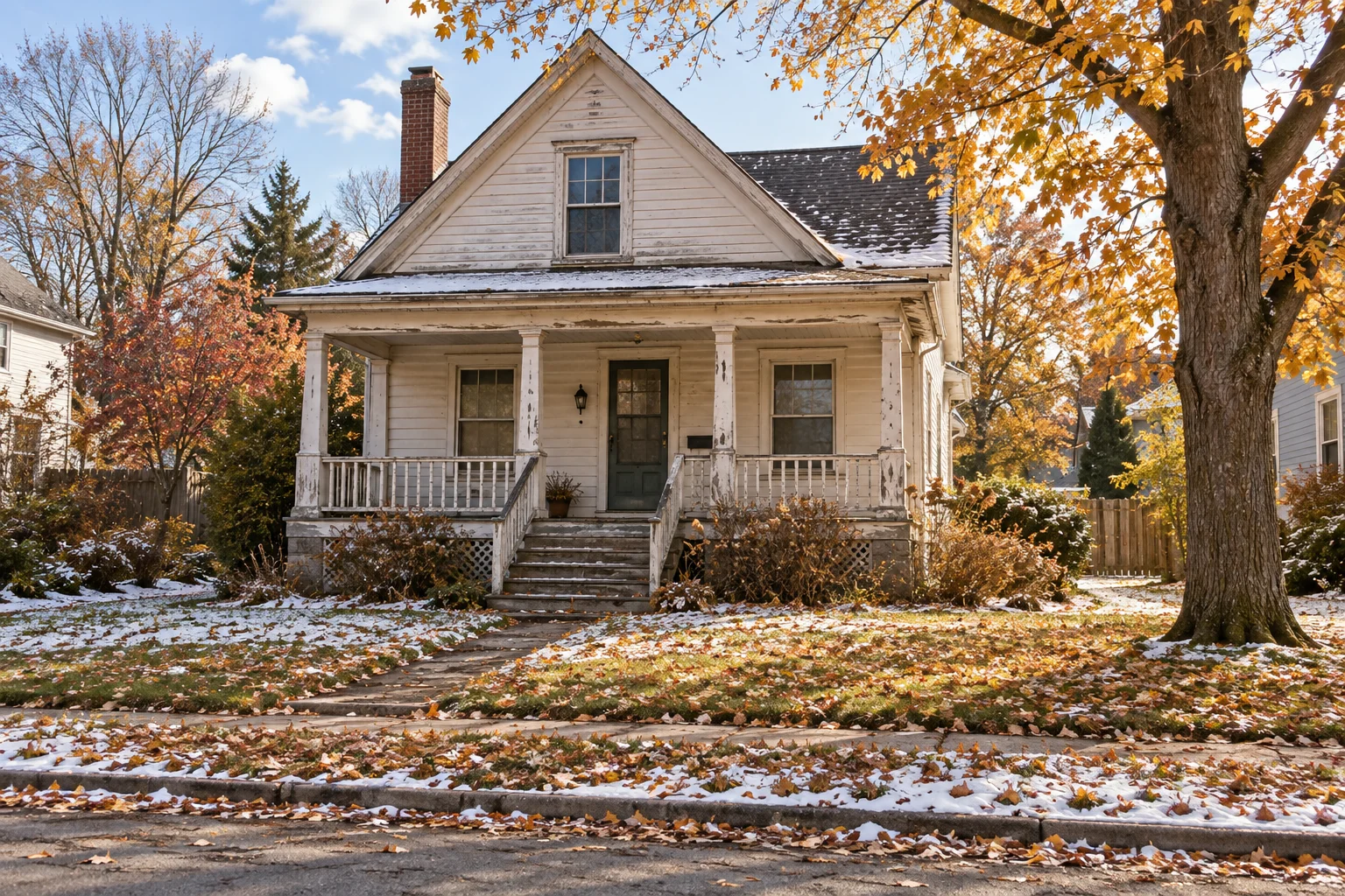 A weathered home with a front porch, autumn leaves, and a dusting of snow