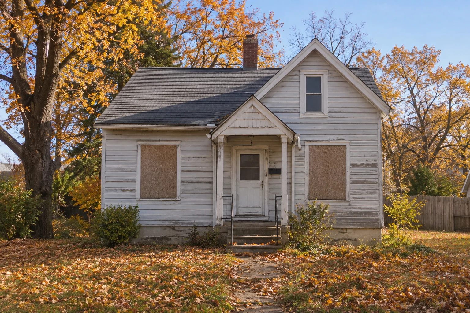 Vacant older home with boarded windows among autumn trees